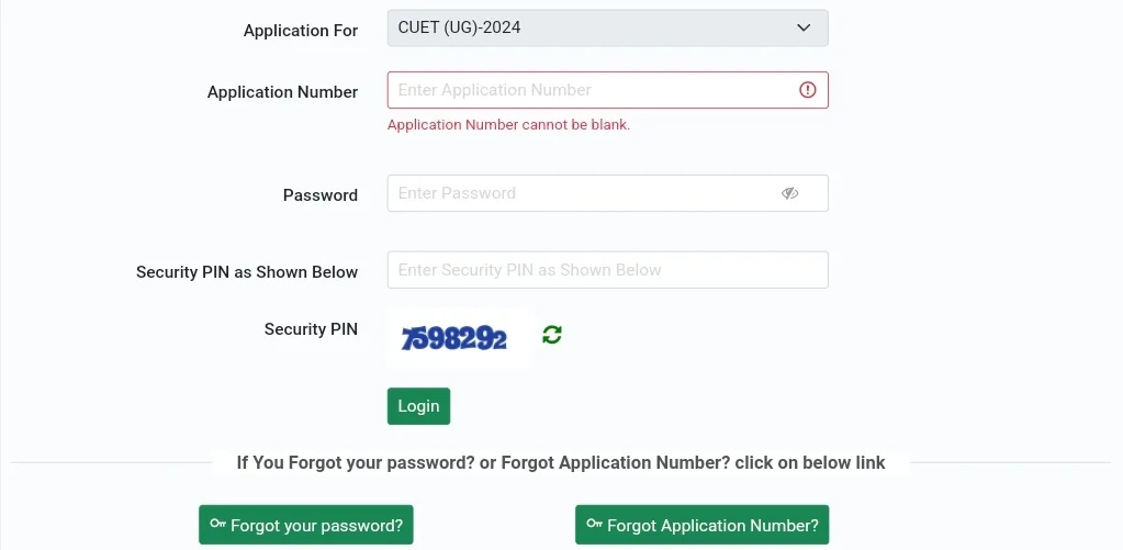 CUET UG 2024 Student Login by Application Number